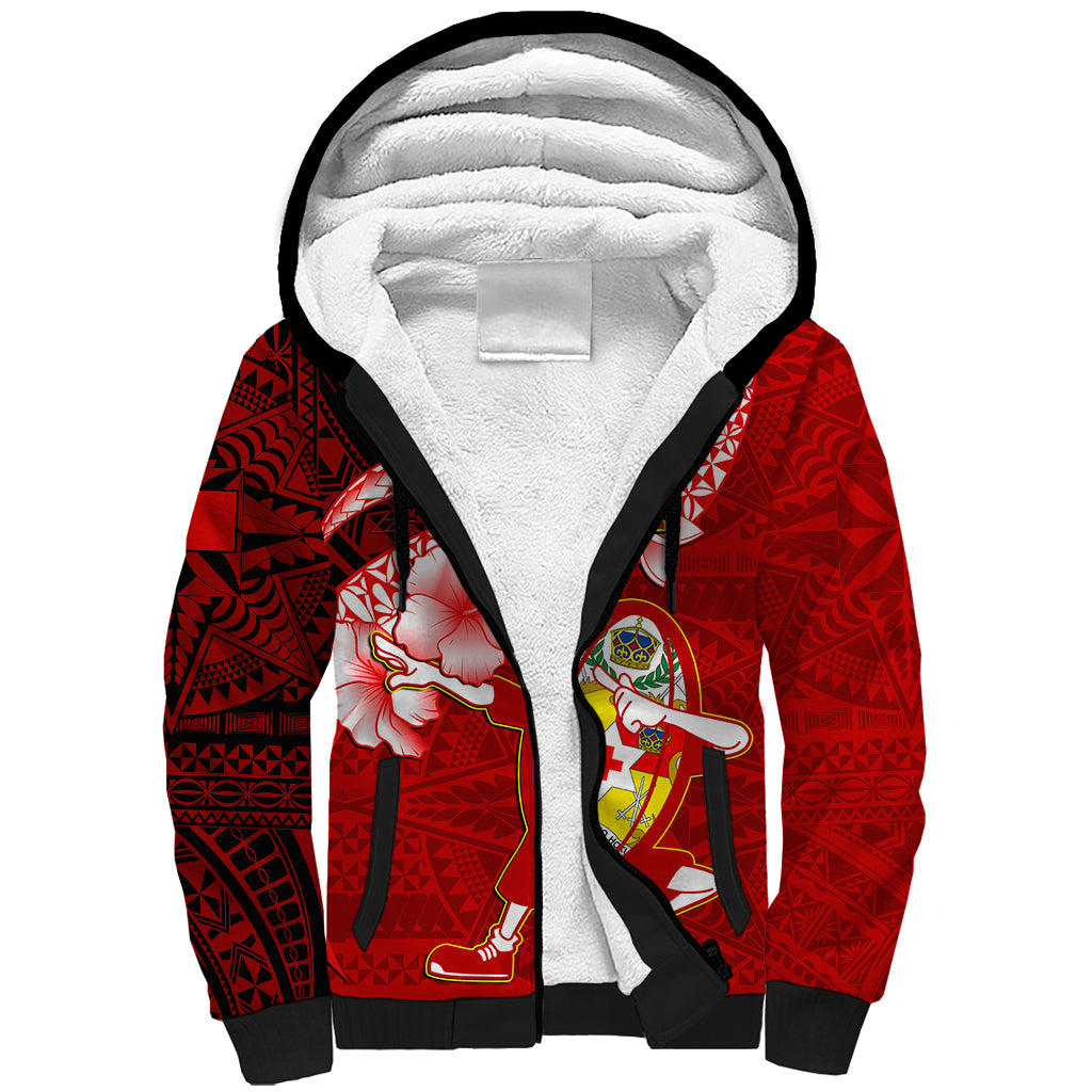 Tonga Rugby Sherpa Hoodie Ikale Tahi Tongan Ngatu Pattern With Dabbing Ball - Wonder Print Shop
