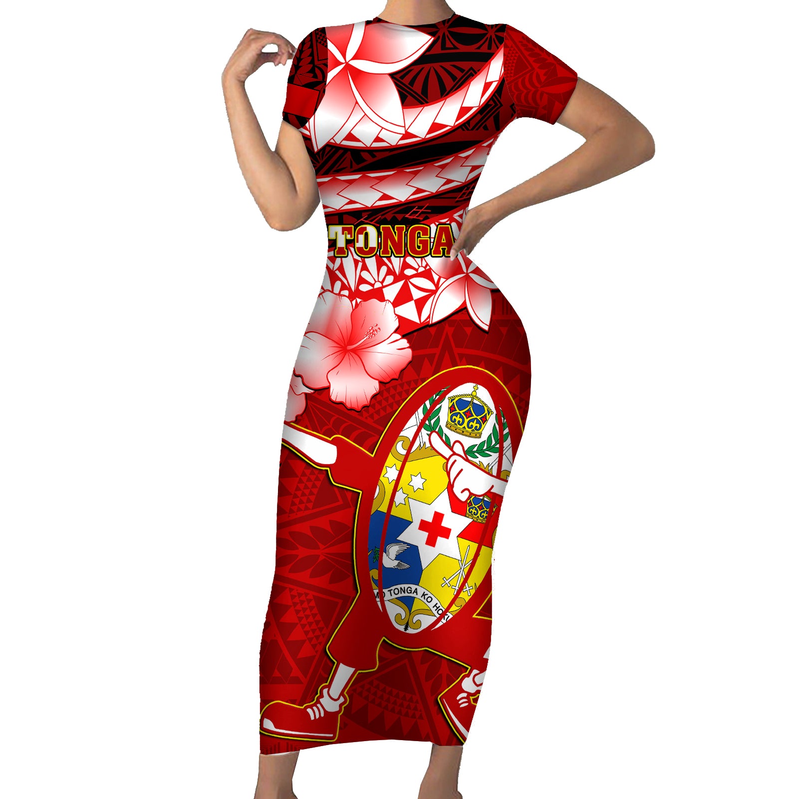 Tonga Rugby Short Sleeve Bodycon Dress Ikale Tahi Tongan Ngatu Pattern With Dabbing Ball - Wonder Print Shop