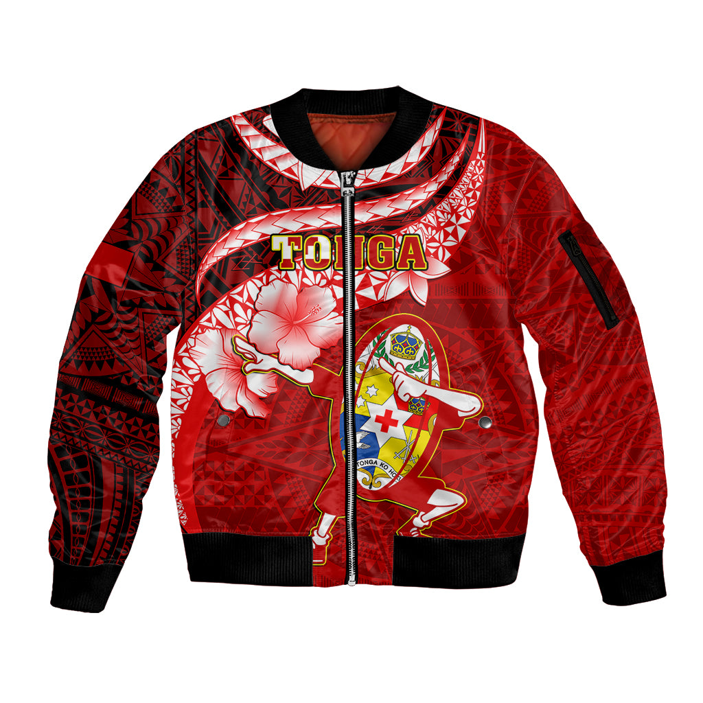 Tonga Rugby Sleeve Zip Bomber Jacket Ikale Tahi Tongan Ngatu Pattern With Dabbing Ball - Wonder Print Shop