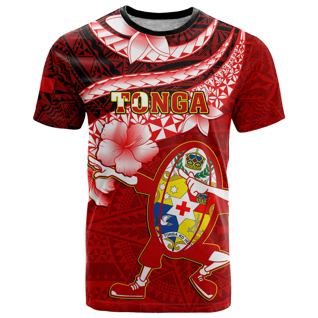 Tonga Rugby T Shirt Ikale Tahi Tongan Ngatu Pattern With Dabbing Ball - Wonder Print Shop
