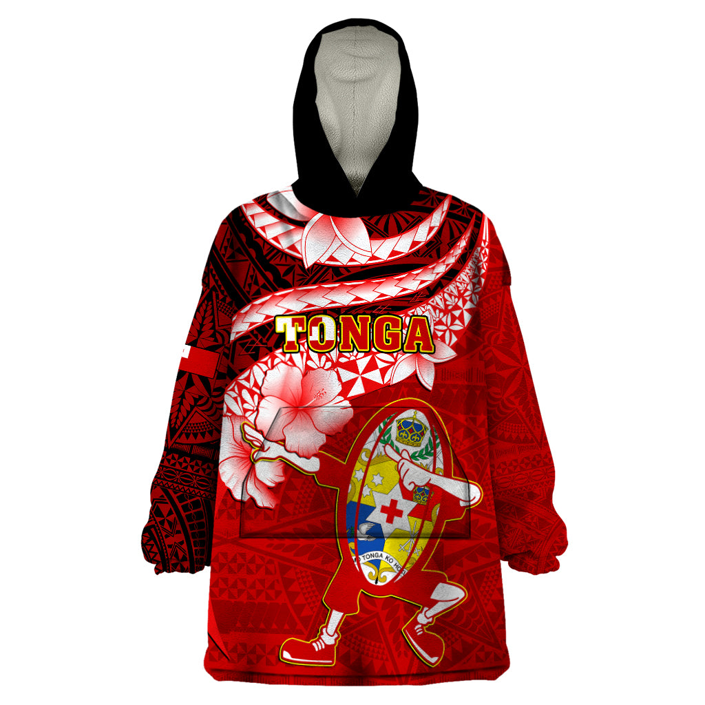 Tonga Rugby Wearable Blanket Hoodie Ikale Tahi Tongan Ngatu Pattern With Dabbing Ball - Wonder Print Shop