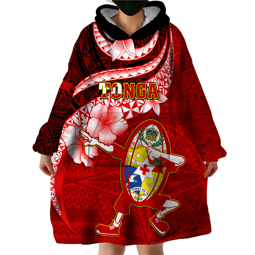 Tonga Rugby Wearable Blanket Hoodie Ikale Tahi Tongan Ngatu Pattern With Dabbing Ball - Wonder Print Shop