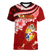 Tonga Rugby Women V Neck T Shirt Ikale Tahi Tongan Ngatu Pattern With Dabbing Ball - Wonder Print Shop