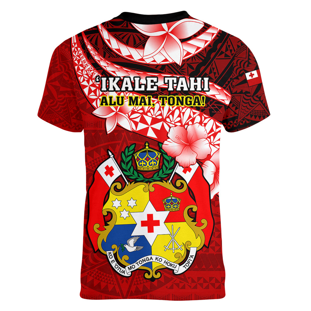 Tonga Rugby Women V Neck T Shirt Ikale Tahi Tongan Ngatu Pattern With Dabbing Ball - Wonder Print Shop