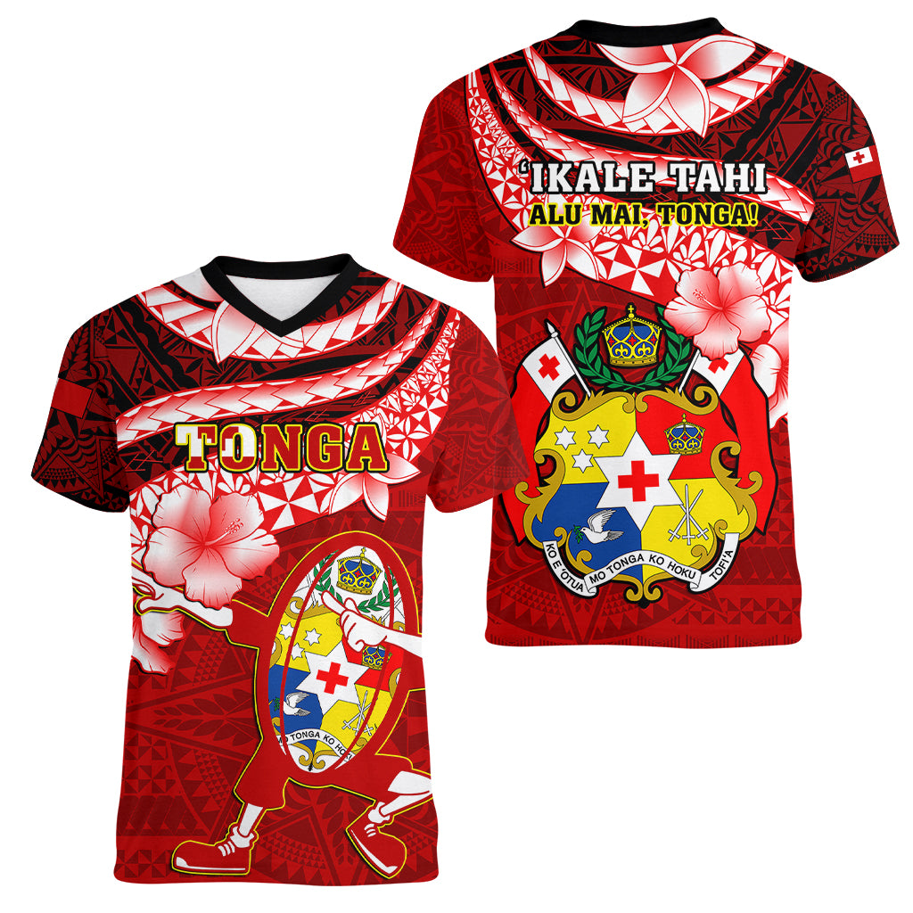 Tonga Rugby Women V Neck T Shirt Ikale Tahi Tongan Ngatu Pattern With Dabbing Ball - Wonder Print Shop