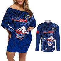 Samoa Rugby Couples Matching Off Shoulder Short Dress and Long Sleeve Button Shirts Manu Samoa Ula Fala Dabbing Ball Polynesian Blue Version - Wonder Print Shop