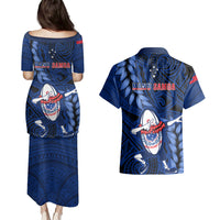 Samoa Rugby Couples Matching Puletasi Dress and Hawaiian Shirt Manu Samoa Ula Fala Dabbing Ball Polynesian Blue Version - Wonder Print Shop