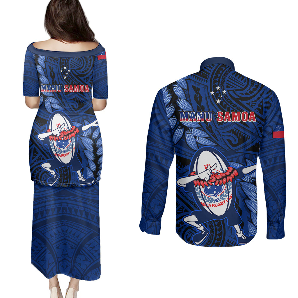 Samoa Rugby Couples Matching Puletasi Dress and Long Sleeve Button Shirts Manu Samoa Ula Fala Dabbing Ball Polynesian Blue Version - Wonder Print Shop