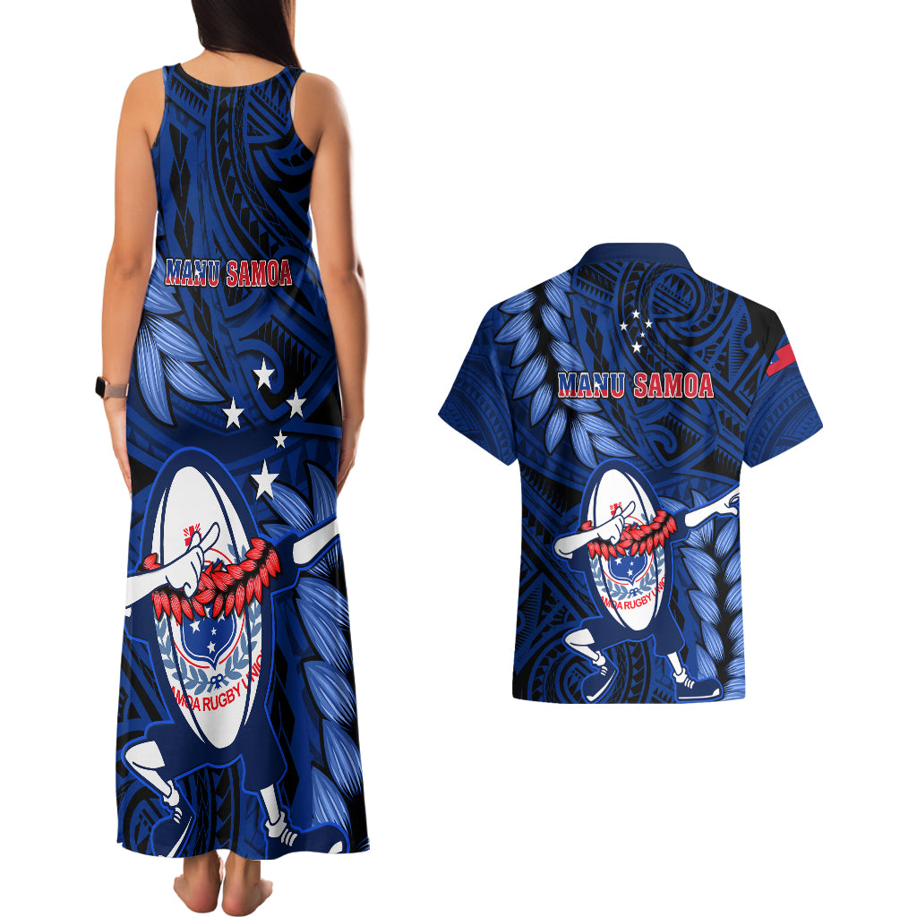 Samoa Rugby Couples Matching Tank Maxi Dress and Hawaiian Shirt Manu Samoa Ula Fala Dabbing Ball Polynesian Blue Version - Wonder Print Shop