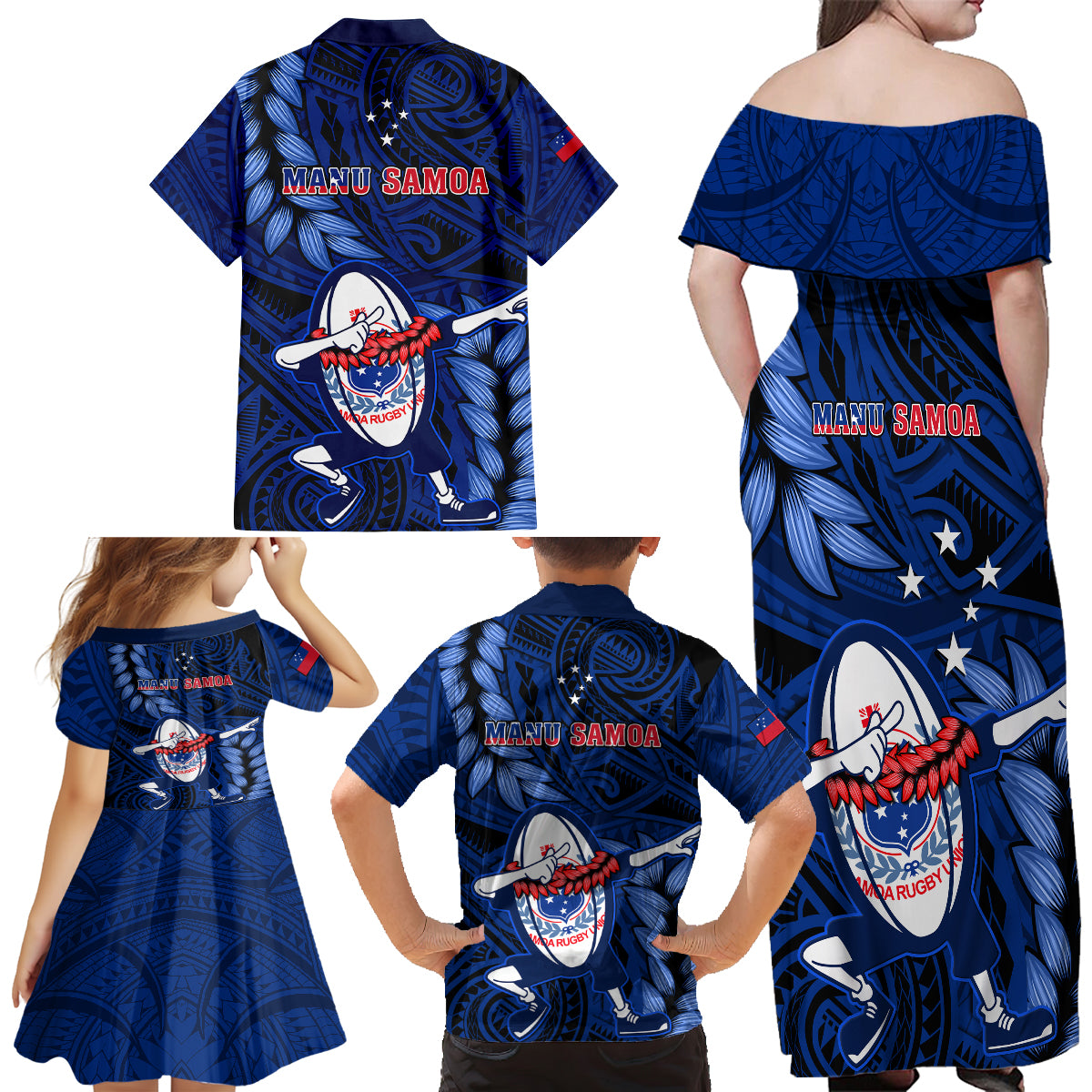 Samoa Rugby Family Matching Off Shoulder Maxi Dress and Hawaiian Shirt Manu Samoa Ula Fala Dabbing Ball Polynesian Blue Version - Wonder Print Shop