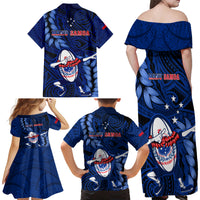 Samoa Rugby Family Matching Off Shoulder Maxi Dress and Hawaiian Shirt Manu Samoa Ula Fala Dabbing Ball Polynesian Blue Version - Wonder Print Shop