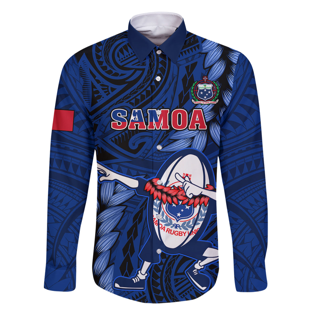 Samoa Rugby Family Matching Off Shoulder Maxi Dress and Hawaiian Shirt Manu Samoa Ula Fala Dabbing Ball Polynesian Blue Version - Wonder Print Shop