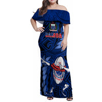 Samoa Rugby Family Matching Off Shoulder Maxi Dress and Hawaiian Shirt Manu Samoa Ula Fala Dabbing Ball Polynesian Blue Version - Wonder Print Shop