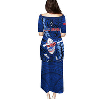 Samoa Rugby Family Matching Puletasi Dress and Hawaiian Shirt Manu Samoa Ula Fala Dabbing Ball Polynesian Blue Version - Wonder Print Shop