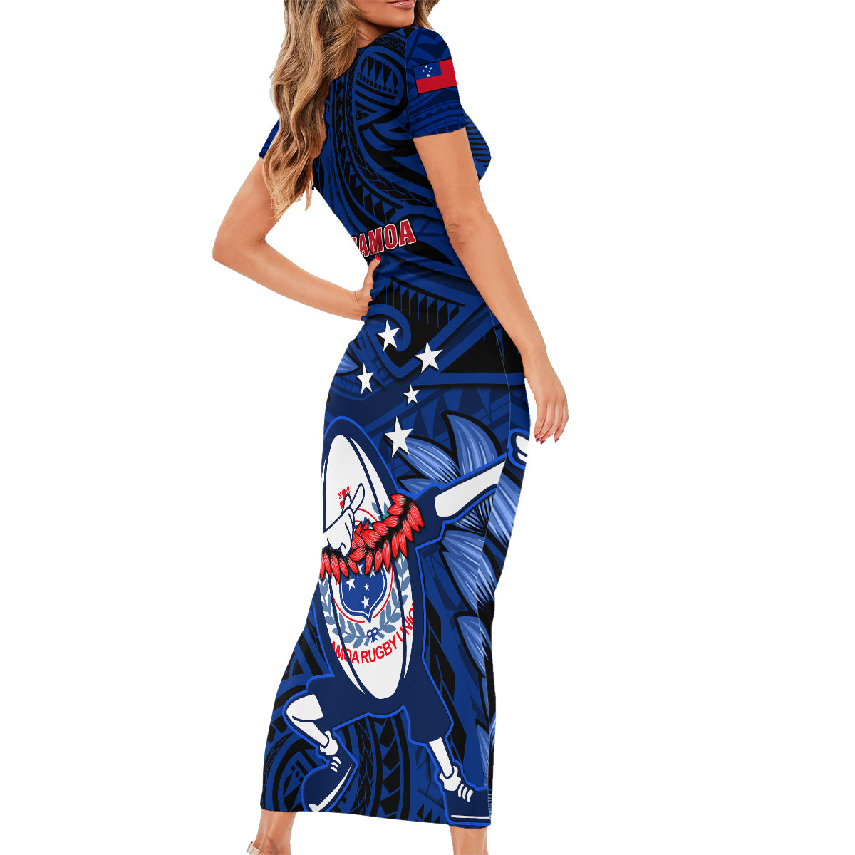 Samoa Rugby Family Matching Short Sleeve Bodycon Dress and Hawaiian Shirt Manu Samoa Ula Fala Dabbing Ball Polynesian Blue Version - Wonder Print Shop