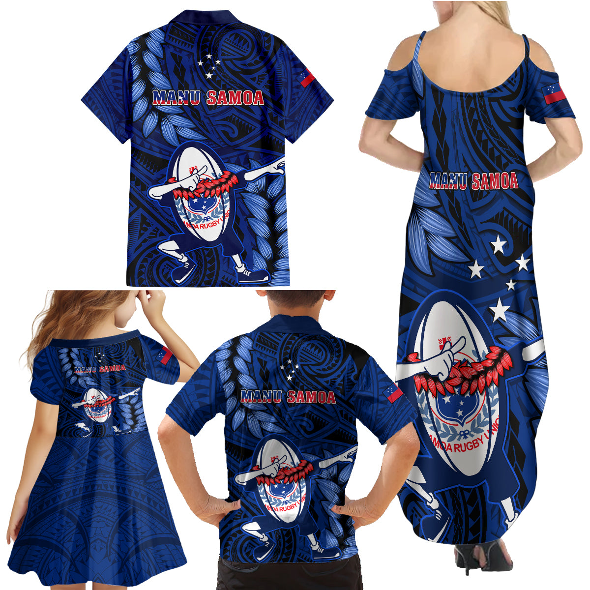 Samoa Rugby Family Matching Summer Maxi Dress and Hawaiian Shirt Manu Samoa Ula Fala Dabbing Ball Polynesian Blue Version - Wonder Print Shop