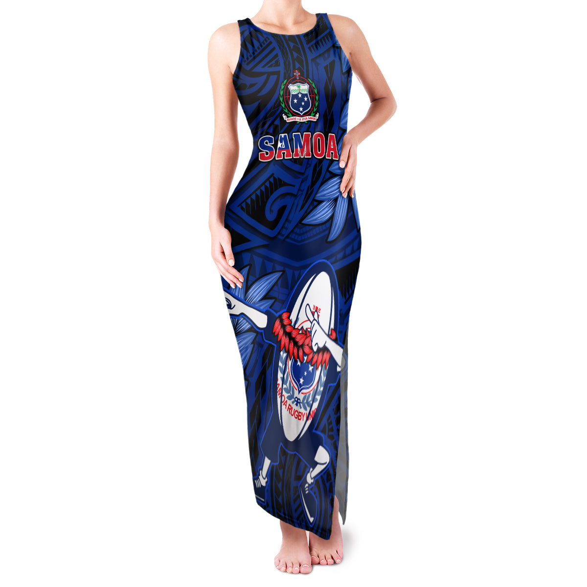 Samoa Rugby Family Matching Tank Maxi Dress and Hawaiian Shirt Manu Samoa Ula Fala Dabbing Ball Polynesian Blue Version - Wonder Print Shop
