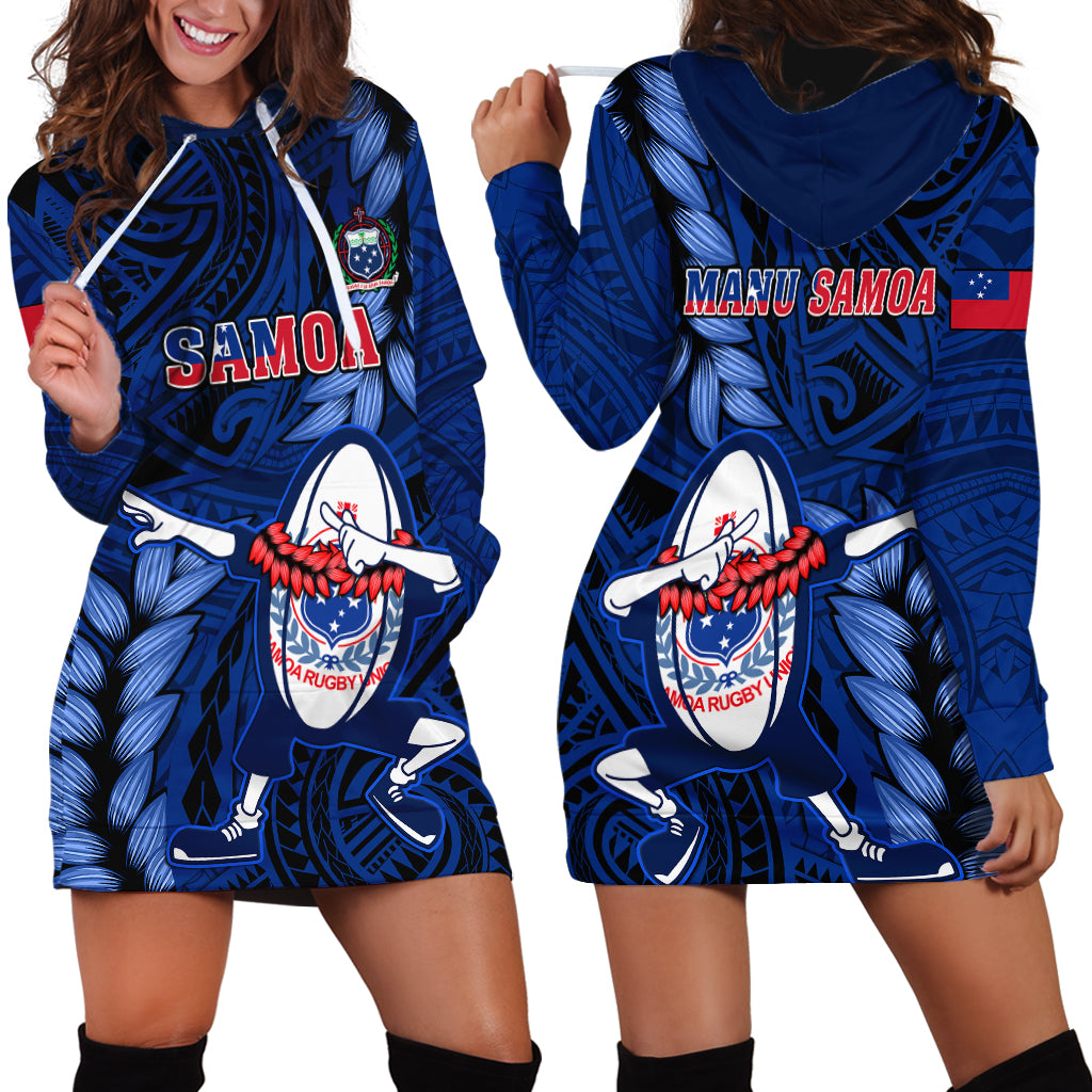 Samoa Rugby Hoodie Dress Manu Samoa Ula Fala Dabbing Ball Polynesian Blue Version - Wonder Print Shop