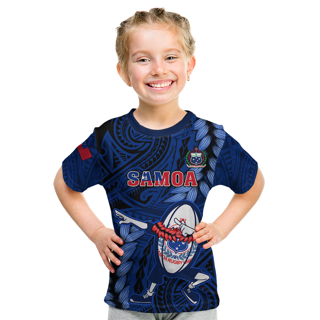 Samoa Rugby Kid T Shirt Manu Samoa Ula Fala Dabbing Ball Polynesian Blue Version - Wonder Print Shop