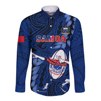 Samoa Rugby Long Sleeve Button Shirt Manu Samoa Ula Fala Dabbing Ball Polynesian Blue Version - Wonder Print Shop