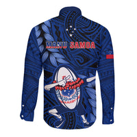 Samoa Rugby Long Sleeve Button Shirt Manu Samoa Ula Fala Dabbing Ball Polynesian Blue Version - Wonder Print Shop