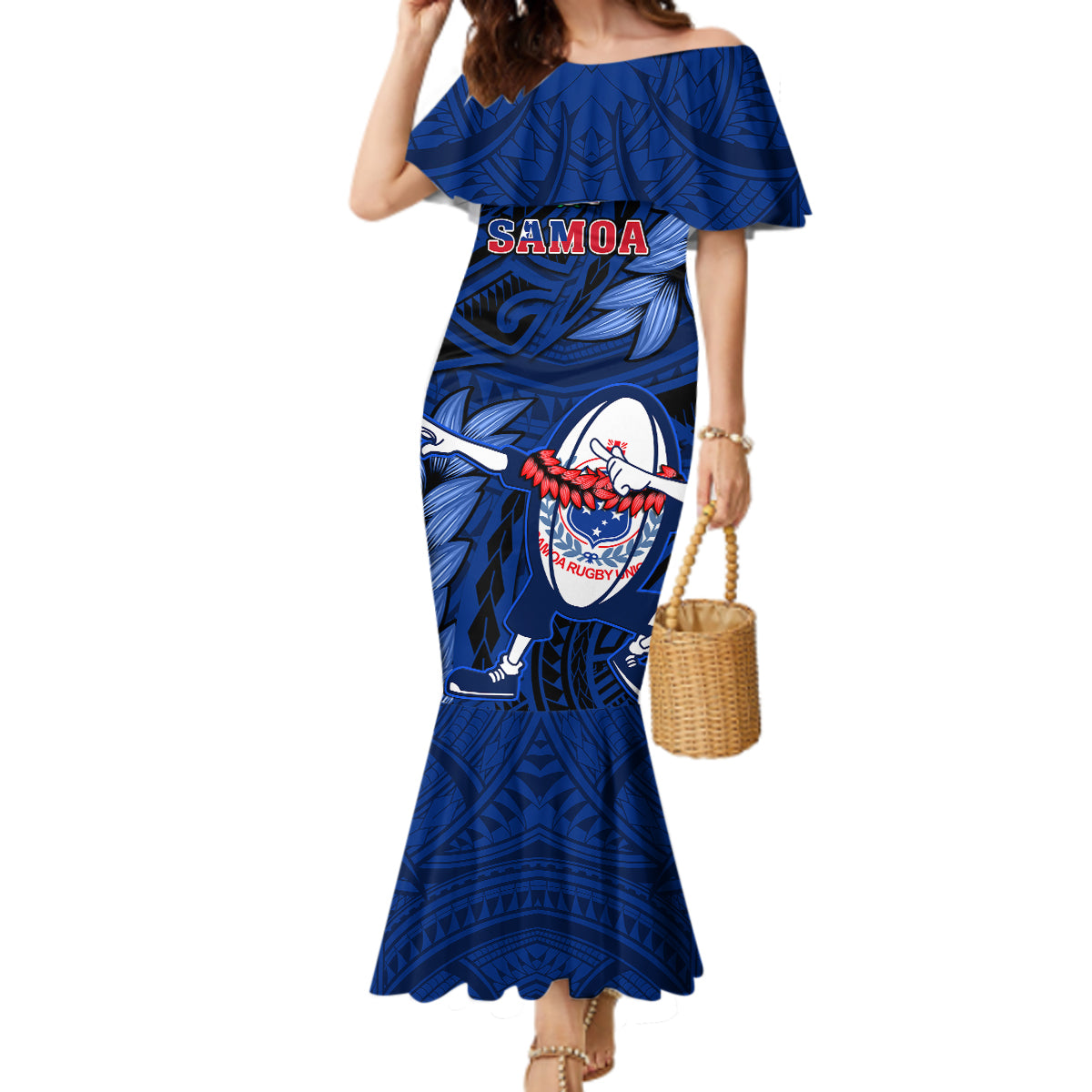 Samoa Rugby Mermaid Dress Manu Samoa Ula Fala Dabbing Ball Polynesian Blue Version - Wonder Print Shop