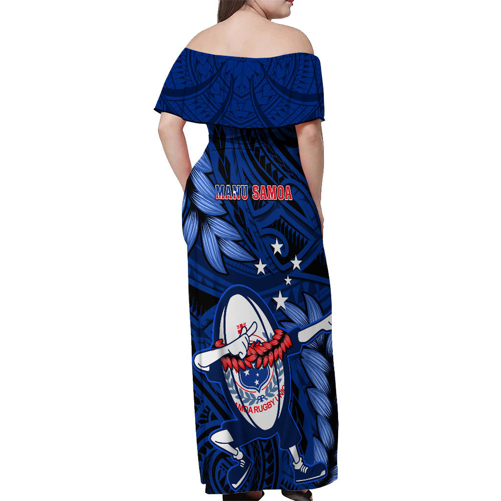 Samoa Rugby Off Shoulder Maxi Dress Manu Samoa Ula Fala Dabbing Ball Polynesian Blue Version - Wonder Print Shop
