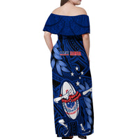 Samoa Rugby Off Shoulder Maxi Dress Manu Samoa Ula Fala Dabbing Ball Polynesian Blue Version - Wonder Print Shop