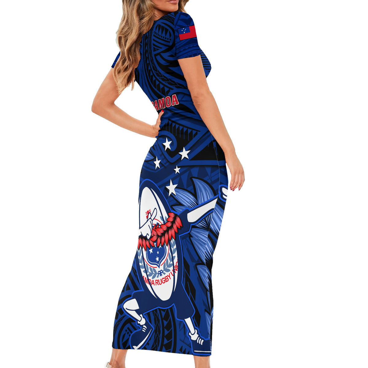 Samoa Rugby Short Sleeve Bodycon Dress Manu Samoa Ula Fala Dabbing Ball Polynesian Blue Version - Wonder Print Shop