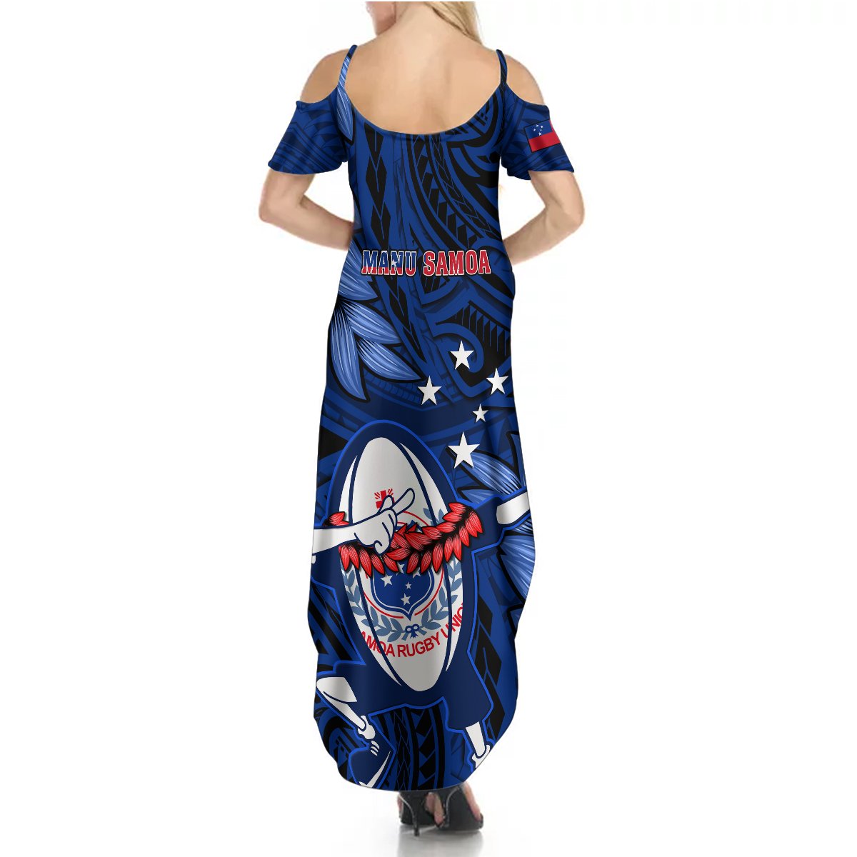 Samoa Rugby Summer Maxi Dress Manu Samoa Ula Fala Dabbing Ball Polynesian Blue Version - Wonder Print Shop