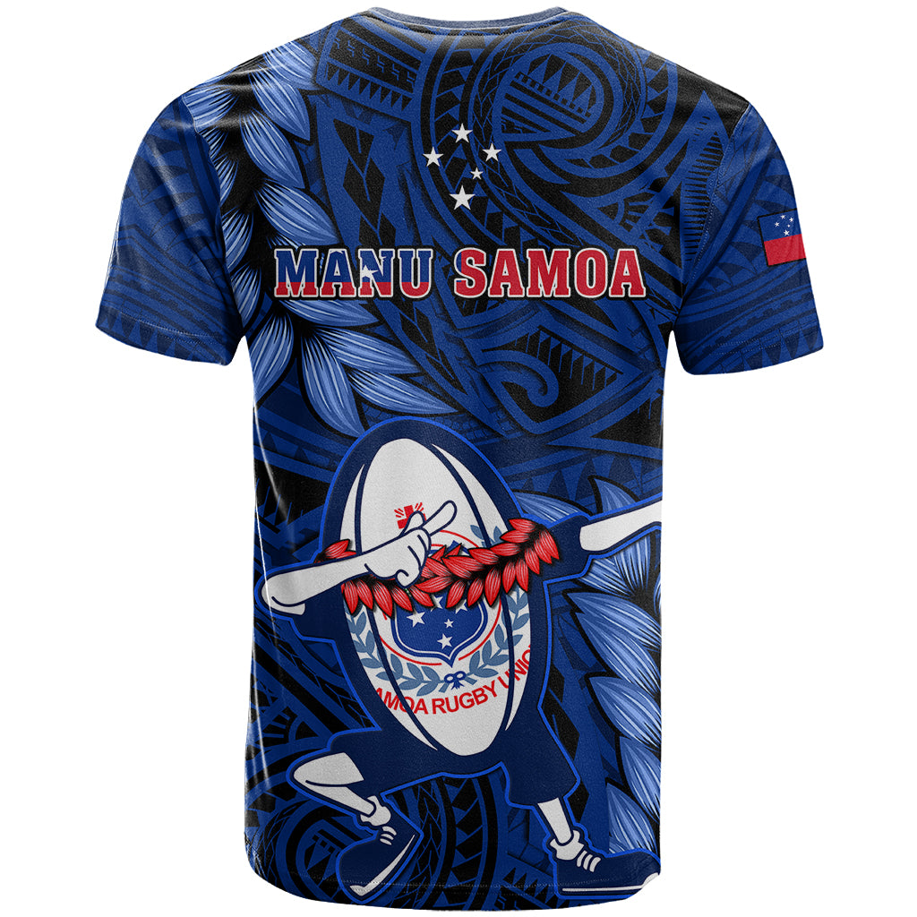 Samoa Rugby T Shirt Manu Samoa Ula Fala Dabbing Ball Polynesian Blue Version - Wonder Print Shop
