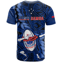 Samoa Rugby T Shirt Manu Samoa Ula Fala Dabbing Ball Polynesian Blue Version - Wonder Print Shop