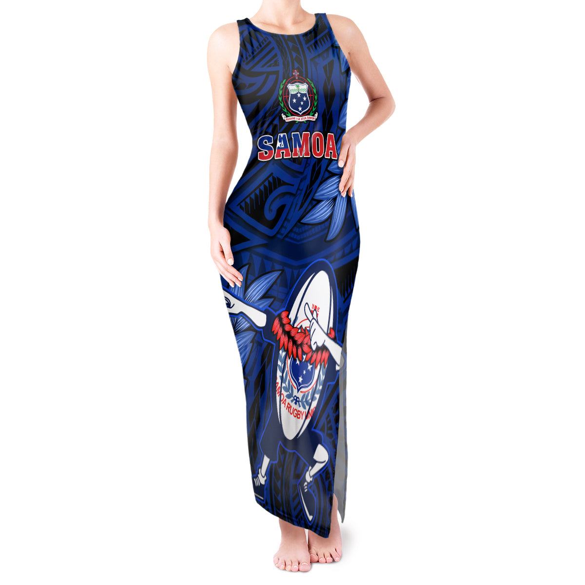 Samoa Rugby Tank Maxi Dress Manu Samoa Ula Fala Dabbing Ball Polynesian Blue Version - Wonder Print Shop