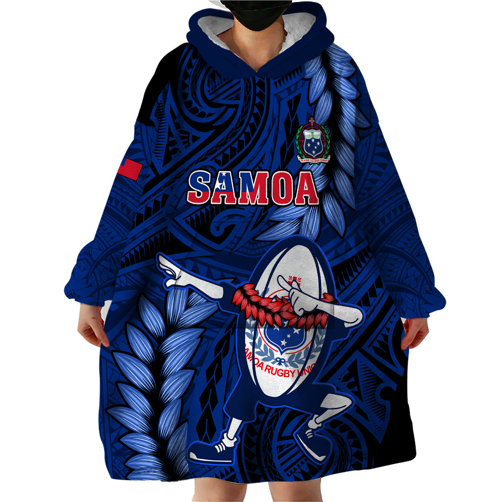 Samoa Rugby Wearable Blanket Hoodie Manu Samoa Ula Fala Dabbing Ball Polynesian Blue Version - Wonder Print Shop