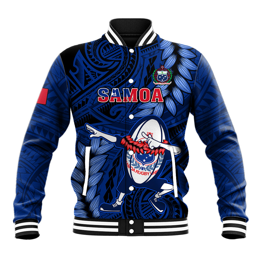 Custom Samoa Rugby Baseball Jacket Manu Samoa Ula Fala Dabbing Ball Polynesian Blue Version - Wonder Print Shop