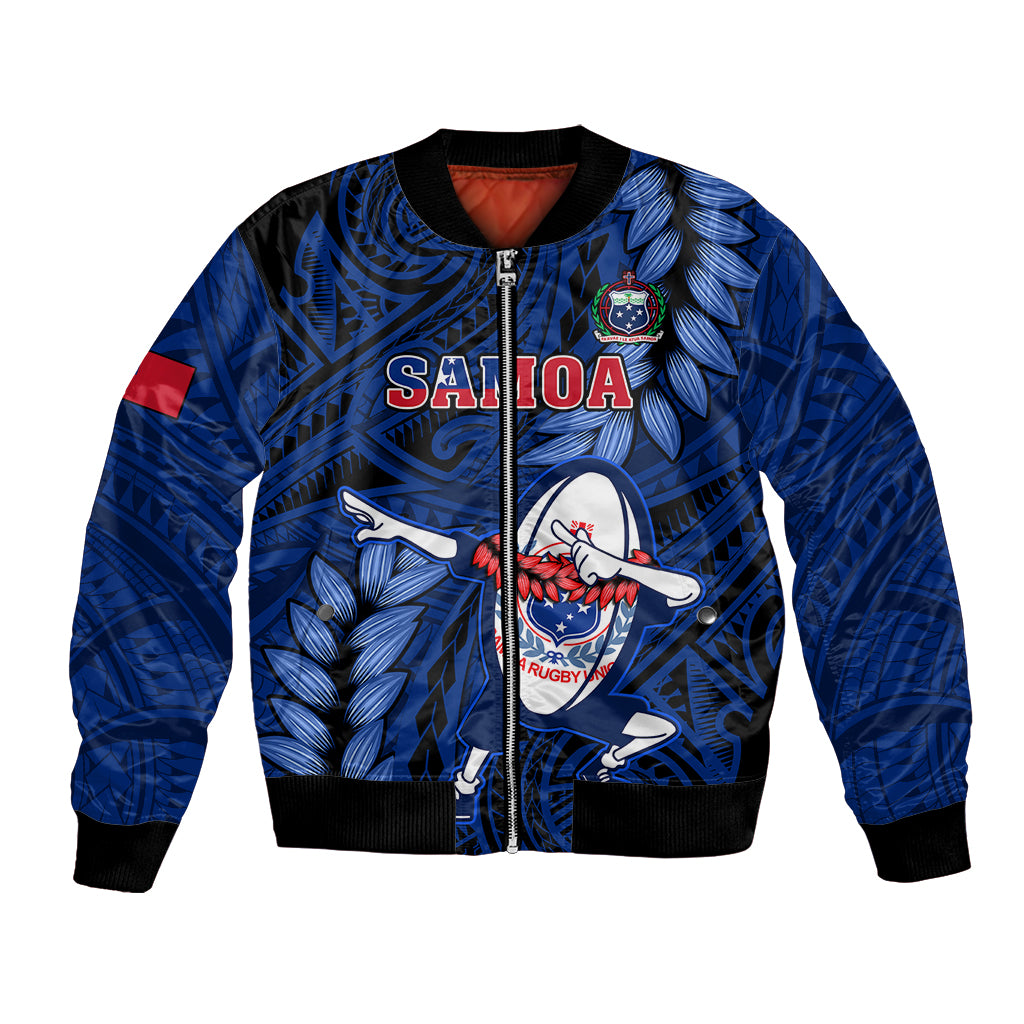 Custom Samoa Rugby Bomber Jacket Manu Samoa Ula Fala Dabbing Ball Polynesian Blue Version - Wonder Print Shop