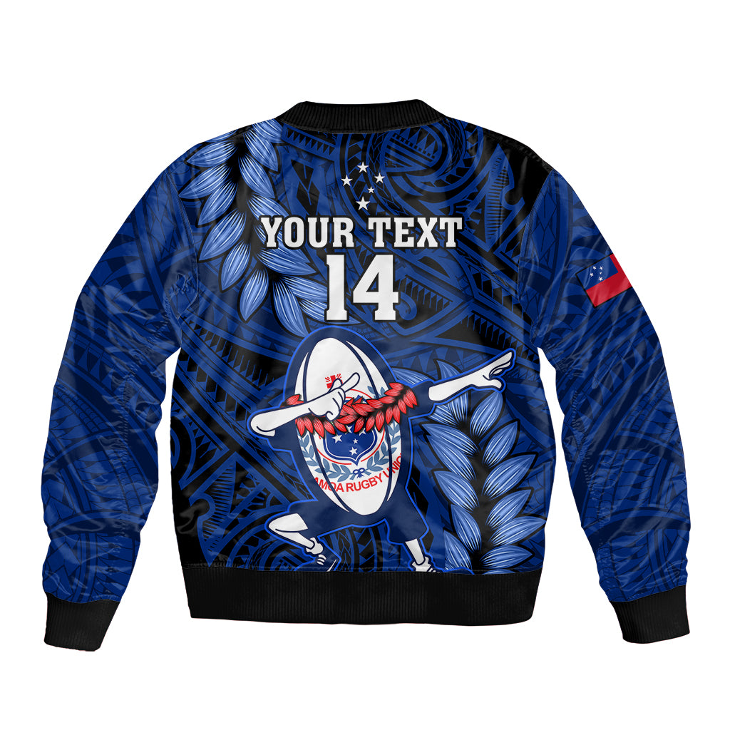 Custom Samoa Rugby Bomber Jacket Manu Samoa Ula Fala Dabbing Ball Polynesian Blue Version - Wonder Print Shop