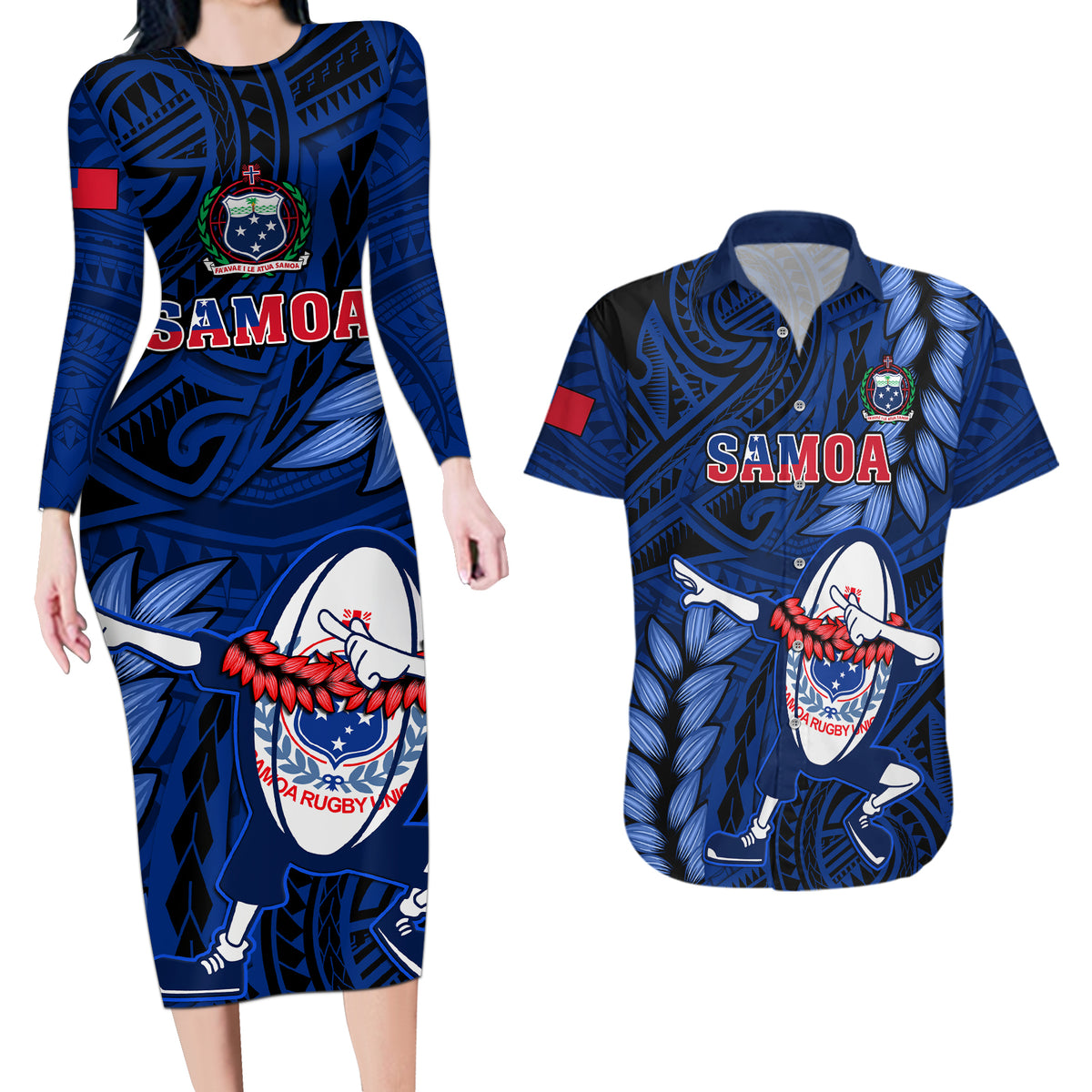 Custom Samoa Rugby Couples Matching Long Sleeve Bodycon Dress and Hawaiian Shirt Manu Samoa Ula Fala Dabbing Ball Polynesian Blue Version - Wonder Print Shop