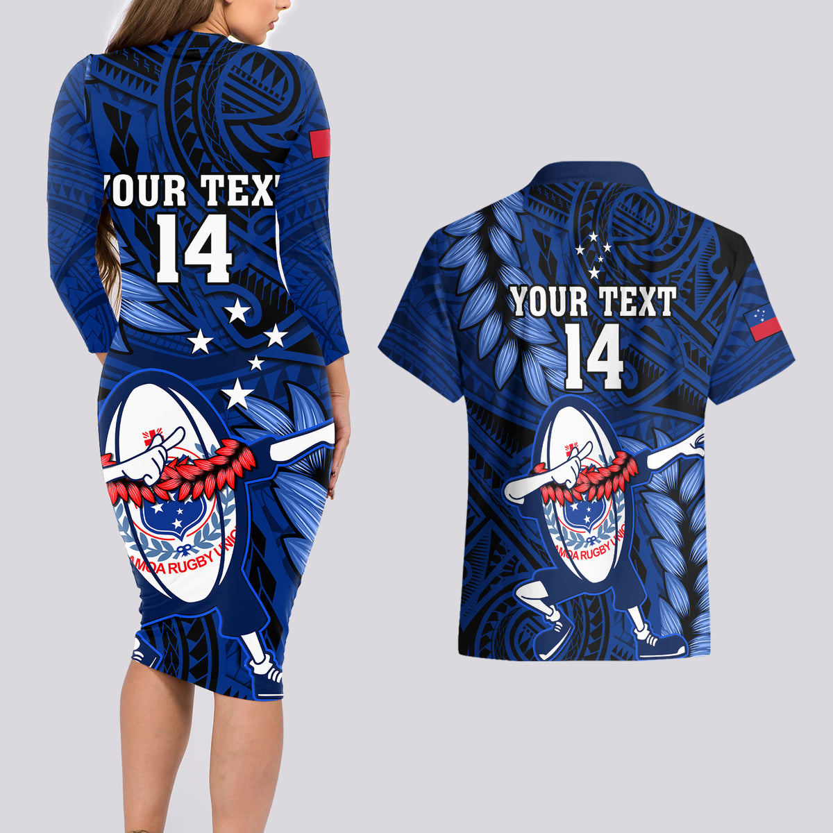 Custom Samoa Rugby Couples Matching Long Sleeve Bodycon Dress and Hawaiian Shirt Manu Samoa Ula Fala Dabbing Ball Polynesian Blue Version - Wonder Print Shop