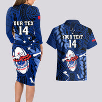 Custom Samoa Rugby Couples Matching Long Sleeve Bodycon Dress and Hawaiian Shirt Manu Samoa Ula Fala Dabbing Ball Polynesian Blue Version - Wonder Print Shop