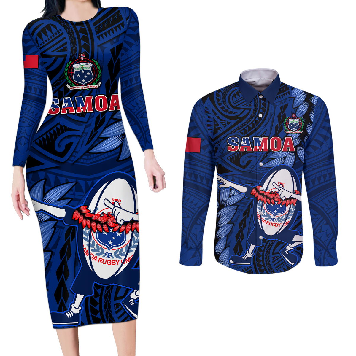 Custom Samoa Rugby Couples Matching Long Sleeve Bodycon Dress and Long Sleeve Button Shirts Manu Samoa Ula Fala Dabbing Ball Polynesian Blue Version - Wonder Print Shop