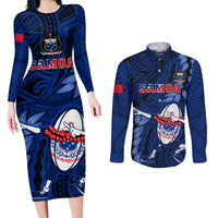 Custom Samoa Rugby Couples Matching Long Sleeve Bodycon Dress and Long Sleeve Button Shirts Manu Samoa Ula Fala Dabbing Ball Polynesian Blue Version - Wonder Print Shop