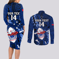 Custom Samoa Rugby Couples Matching Long Sleeve Bodycon Dress and Long Sleeve Button Shirts Manu Samoa Ula Fala Dabbing Ball Polynesian Blue Version - Wonder Print Shop