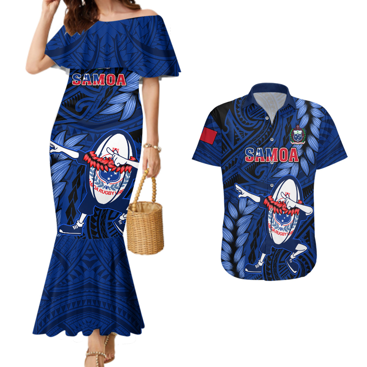Custom Samoa Rugby Couples Matching Mermaid Dress and Hawaiian Shirt Manu Samoa Ula Fala Dabbing Ball Polynesian Blue Version - Wonder Print Shop