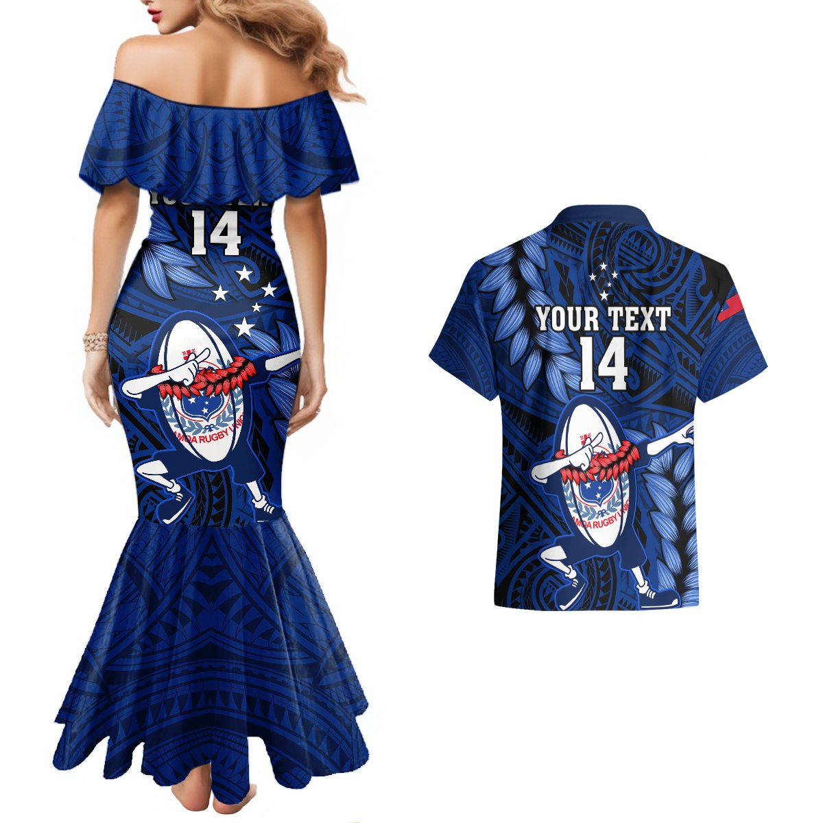 Custom Samoa Rugby Couples Matching Mermaid Dress and Hawaiian Shirt Manu Samoa Ula Fala Dabbing Ball Polynesian Blue Version - Wonder Print Shop