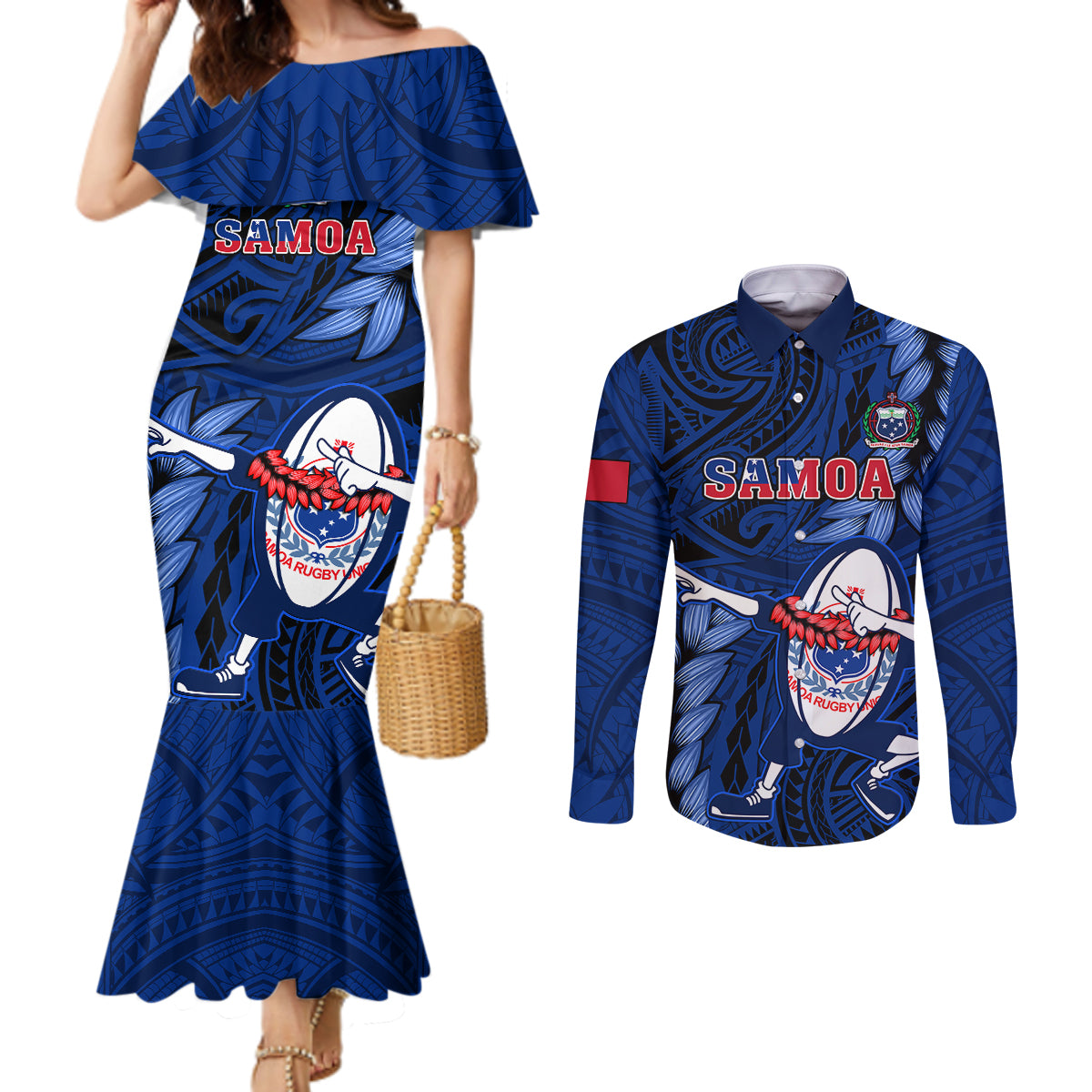 custom-samoa-rugby-couples-matching-mermaid-dress-and-long-sleeve-button-shirts-manu-samoa-ula-fala-dabbing-ball-polynesian-blue-version