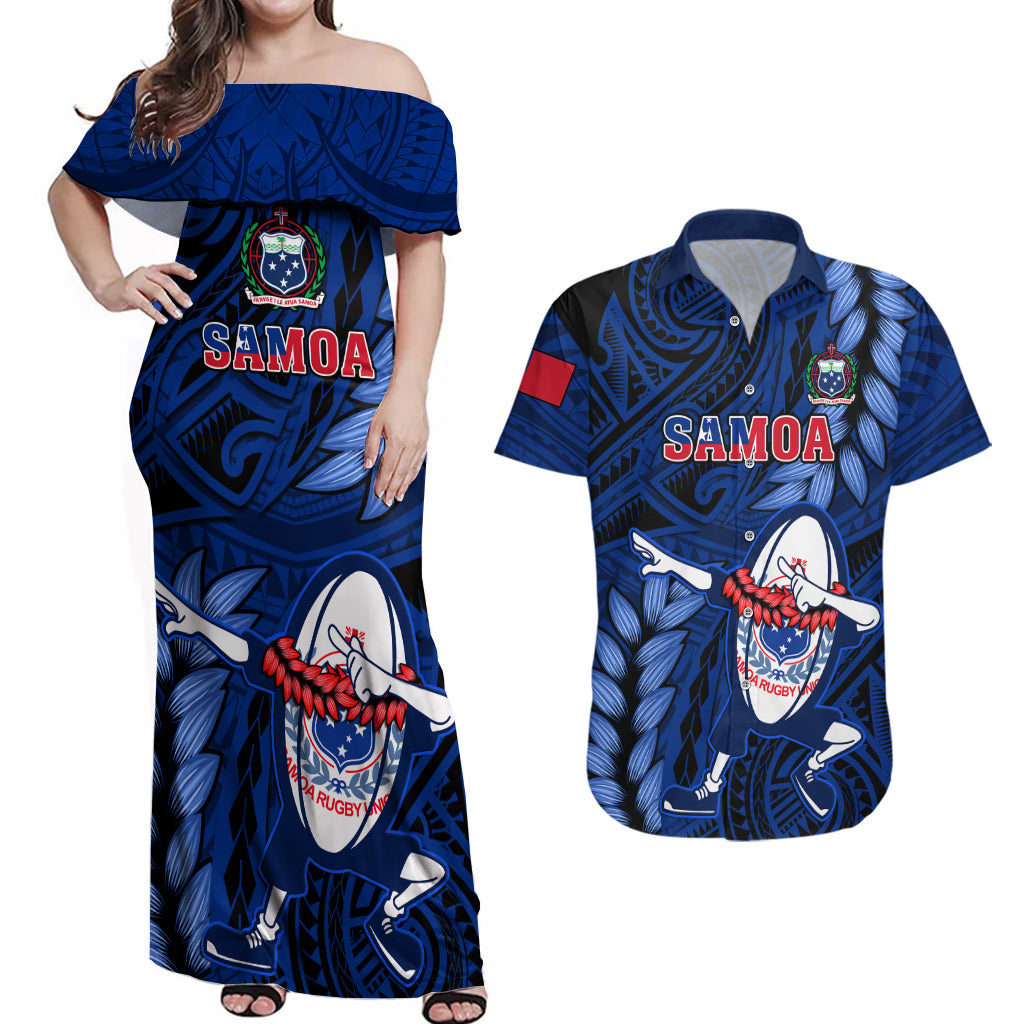 Custom Samoa Rugby Couples Matching Off Shoulder Maxi Dress and Hawaiian Shirt Manu Samoa Ula Fala Dabbing Ball Polynesian Blue Version - Wonder Print Shop