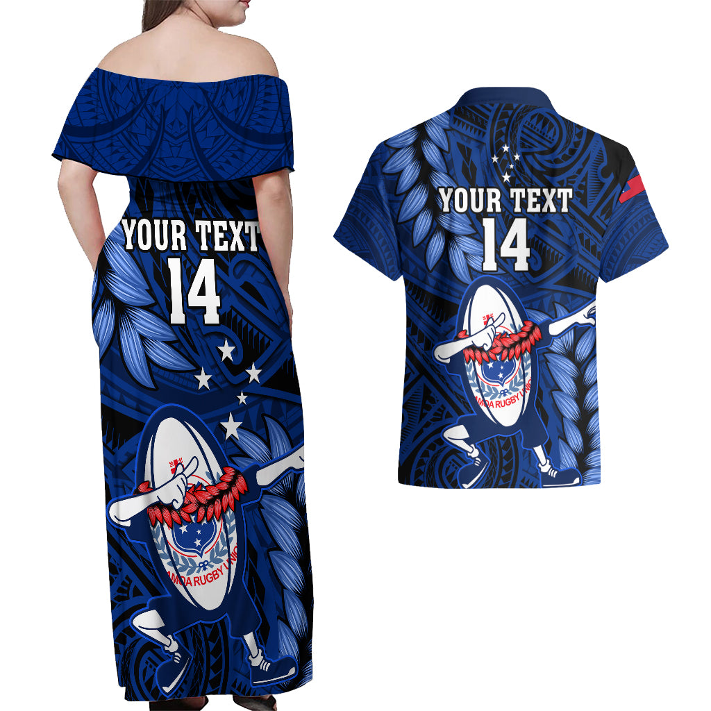 Custom Samoa Rugby Couples Matching Off Shoulder Maxi Dress and Hawaiian Shirt Manu Samoa Ula Fala Dabbing Ball Polynesian Blue Version - Wonder Print Shop
