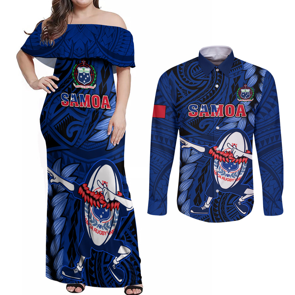 Custom Samoa Rugby Couples Matching Off Shoulder Maxi Dress and Long Sleeve Button Shirts Manu Samoa Ula Fala Dabbing Ball Polynesian Blue Version - Wonder Print Shop