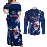 Custom Samoa Rugby Couples Matching Off Shoulder Maxi Dress and Long Sleeve Button Shirts Manu Samoa Ula Fala Dabbing Ball Polynesian Blue Version - Wonder Print Shop